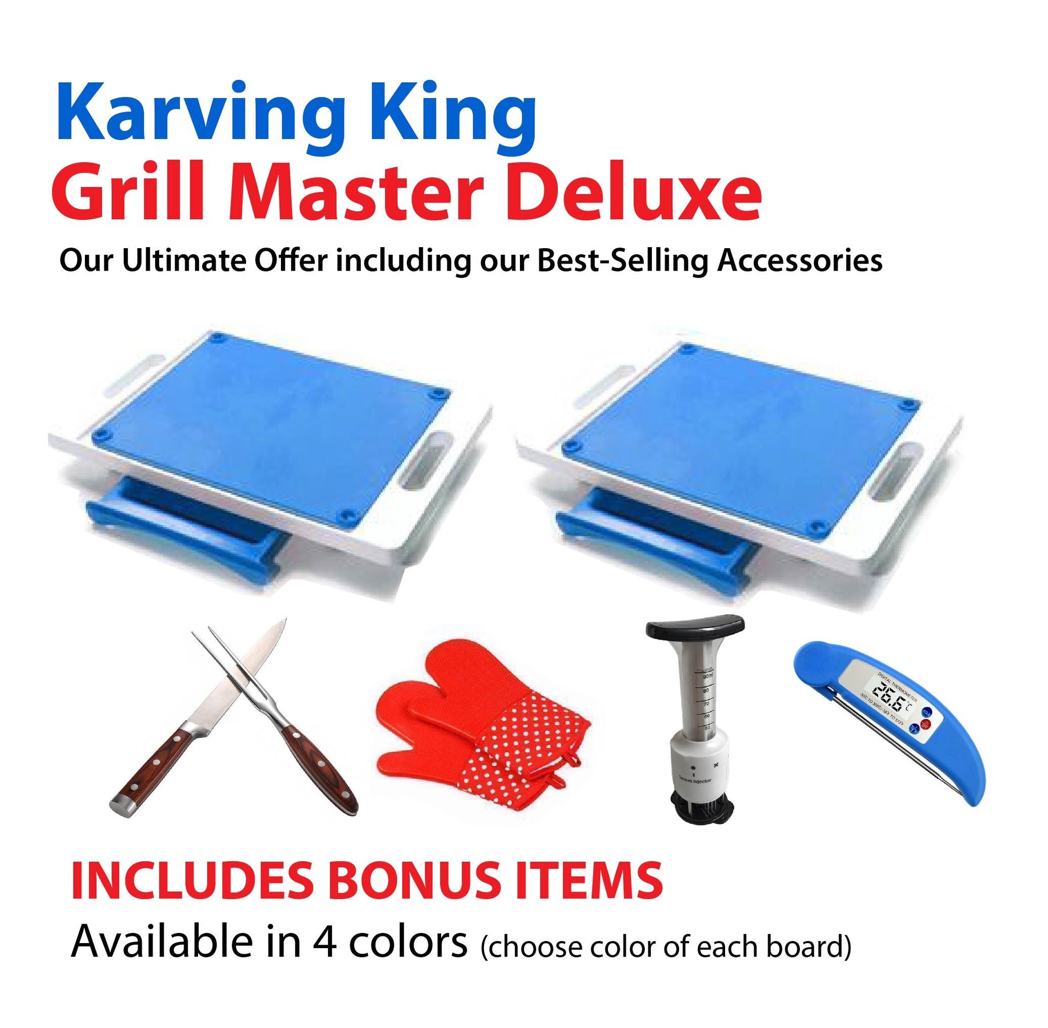 Set of 2 Dripless Cutting Boards 2 In 1 System With Digital Meat Thermometer, Professional Carving Set, Meat Flavorizer/Tenderizer and Set of 2 Silicone Oven Mitts