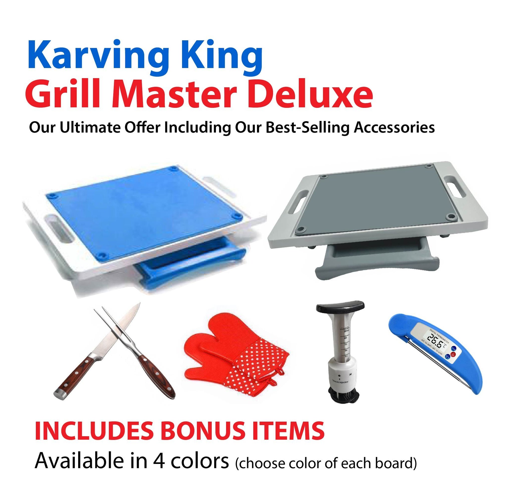 Set of 2 Dripless Cutting Boards 2 In 1 System With Digital Meat Thermometer, Professional Carving Set, Meat Flavorizer/Tenderizer and Set of 2 Silicone Oven Mitts