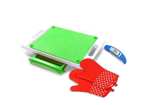 Karving King XL Deluxe Meal Prep System With Digital Meat Thermometer And Set Of 2 Silicone Oven Mitts