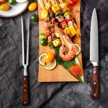 Stainless Steel Carving Knife and Fork Set With Wooden Handles