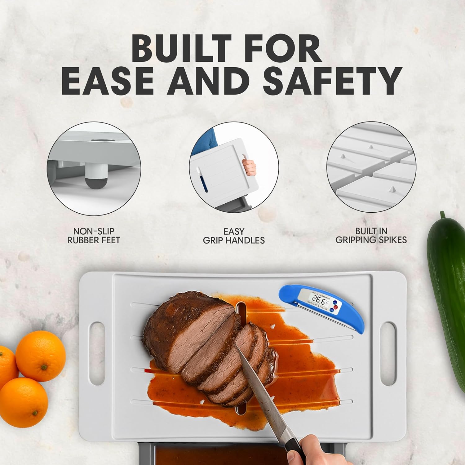 Karving King XL Deluxe Meal Prep System With Digital Meat Thermometer And Set Of 2 Silicone Oven Mitts