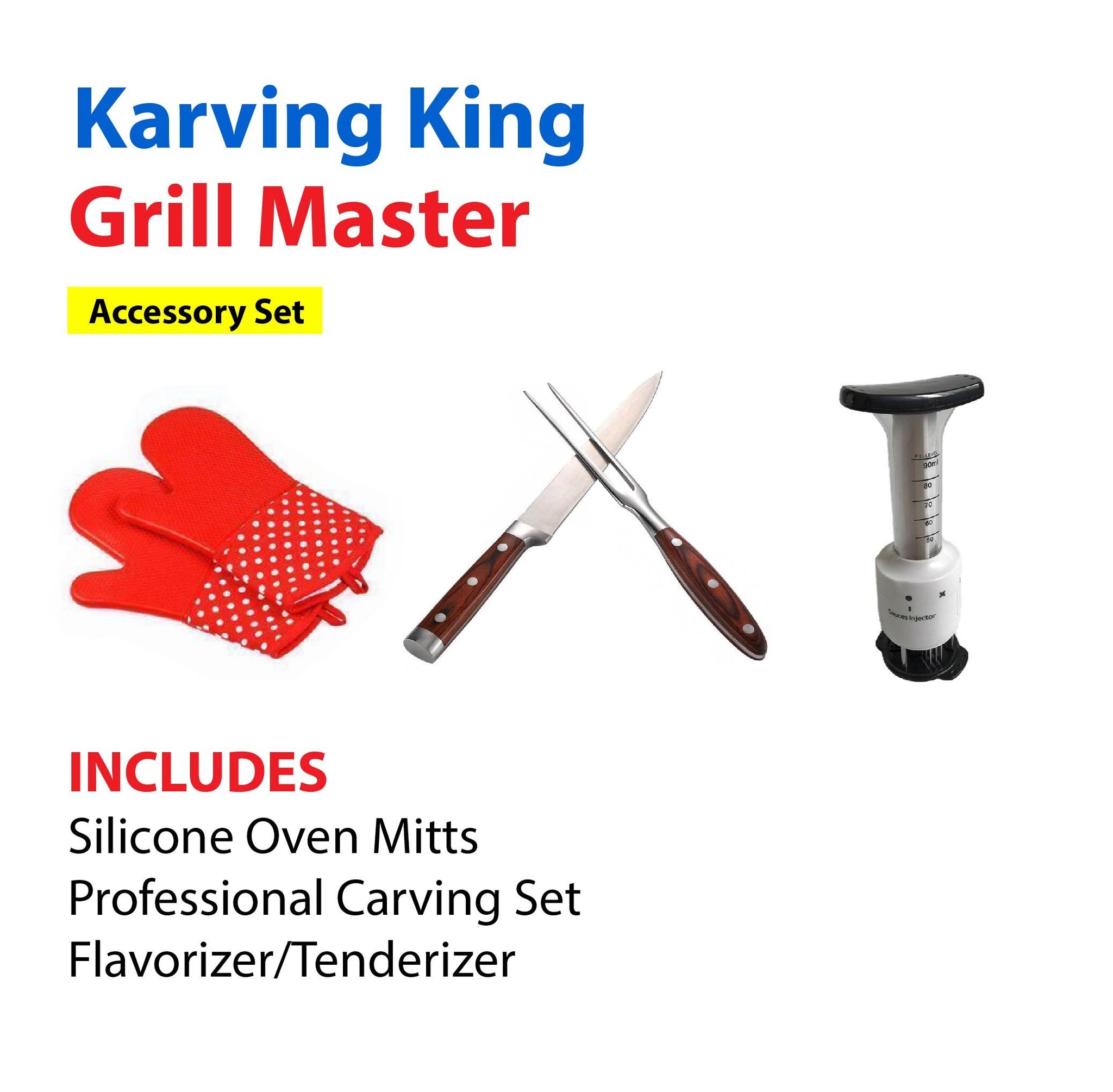 Professional carving set, set of 2 silicone oven mitts, and meat flavorizer/tenderizer